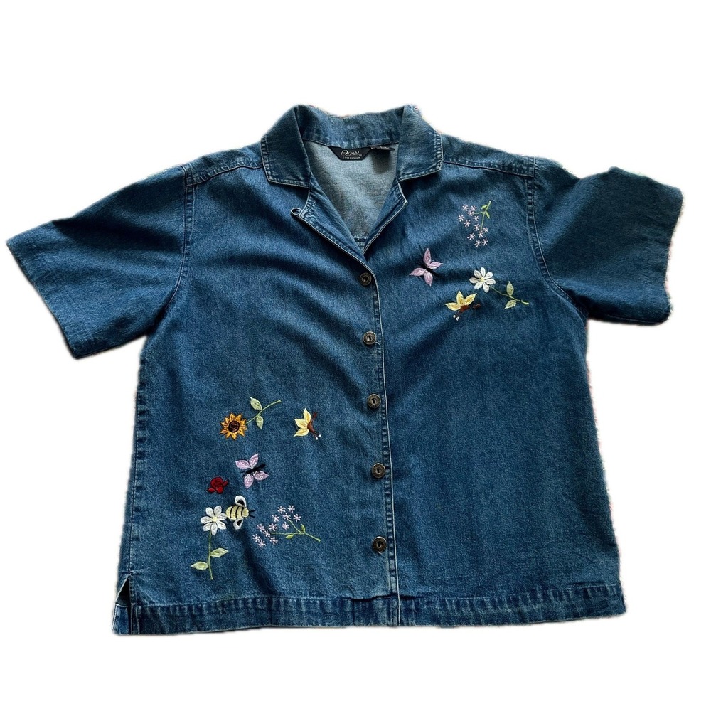 90s Vintage Denim Embroidered Butterfly Bee Floral Shirt Sz L Cottagecore Whimsy